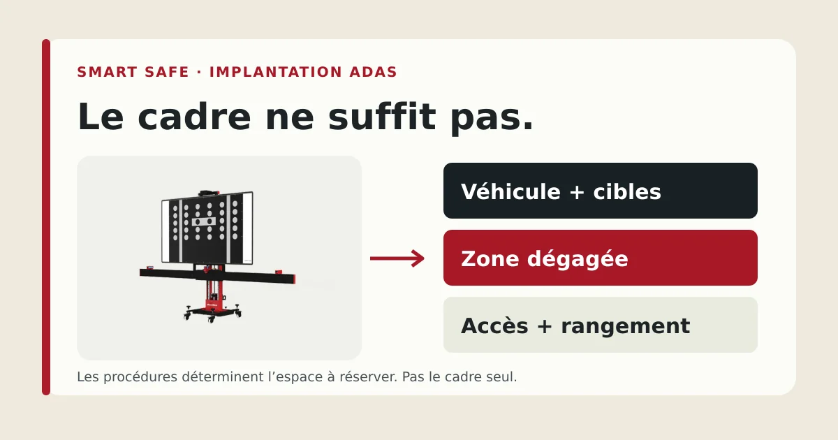 Espace de calibration ADAS : cadre, véhicule et cibles, zone dégagée, accès et rangement à prévoir